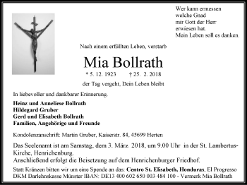 Traueranzeige von Mia Bollrath von Stadtanz.Castrop-Rauxel