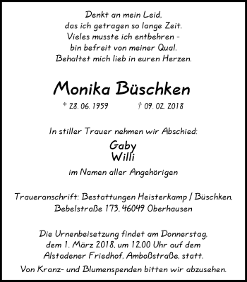 Traueranzeige von Monika Büschken von Wochen-Anzeiger Oberhausen