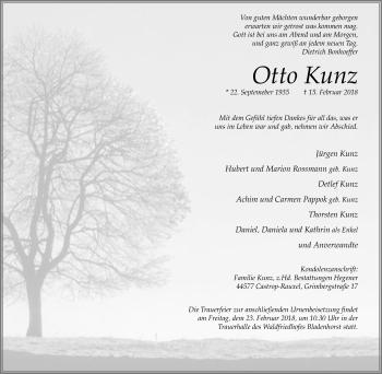 Traueranzeige von Otto Kunz von Stadtanz.Castrop-Rauxel