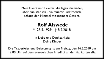 Traueranzeige von Rolf Alswede von Wochen-Anzeiger Oberhausen