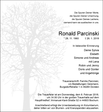 Traueranzeige von Ronald Parcinski von Stadtspiegel Haltern + Dorsten