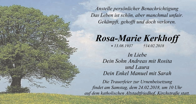  Traueranzeige für Rosa-Marie Kerkhoff vom 21.02.2018 aus Stadtspiegel Gelsenkirchen