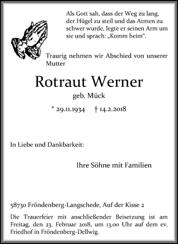 Traueranzeige von Rotraut Werner von Stadtspiegel Menden + Froendenberg