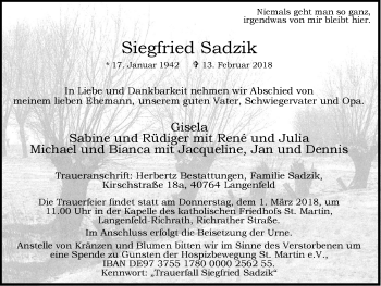 Traueranzeige von Siegfried Sadzik von Wochen-Anzeiger Langenfeld/Monheim/Hilden
