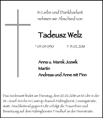 Traueranzeige von Tadeusz Welz von Stadtanz.Castrop-Rauxel