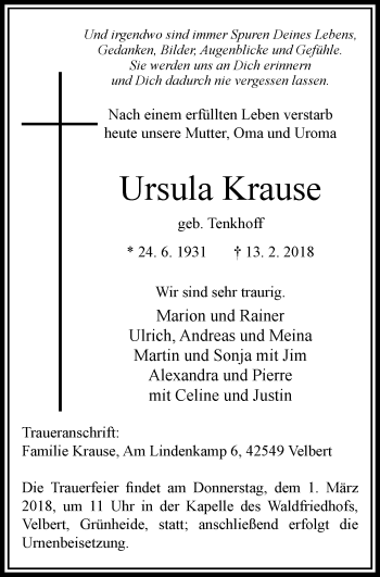 Traueranzeige von Ursula Krause von Stadtanzeiger Velbert + Heiligenhaus