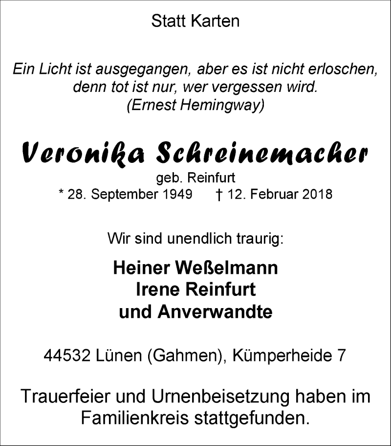  Traueranzeige für Veronika Schreinemacher vom 24.02.2018 aus Lüner Anzeiger