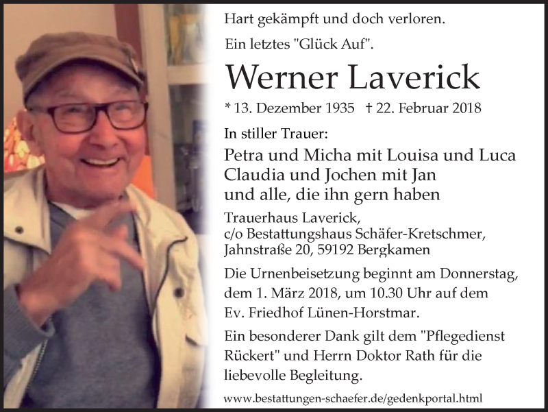  Traueranzeige für Werner Laverick vom 28.02.2018 aus Lüner Anzeiger