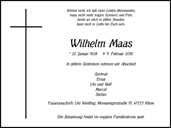 Traueranzeige von Wilhelm Maas von Klever Wochenblatt