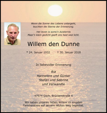 Traueranzeige von Willem den Dunne von Gocher Wochenblatt
