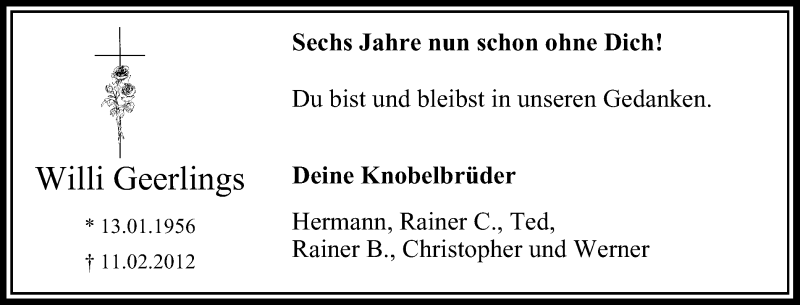  Traueranzeige für Willi Geerlings vom 10.02.2018 aus Klever Wochenblatt