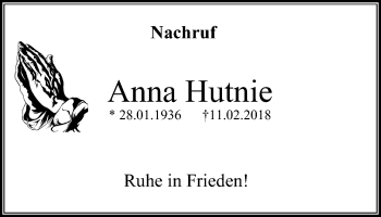 Traueranzeige von Anna Hutnie von Stadtanz.Castrop-Rauxel