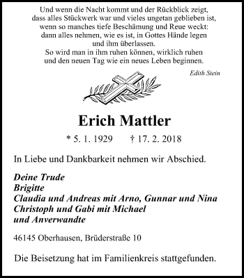 Traueranzeige von Erich Mattler von Wochen-Anzeiger Oberhausen