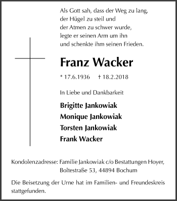 Traueranzeige von Franz Wacker von Stadtspiegel Bochum