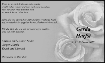 Traueranzeige von Gerda Harfst von Wochen-Anzeiger Oberhausen