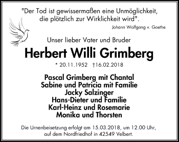 Traueranzeige von Herbert Willi Grimberg von Stadtanzeiger Velbert + Heiligenhaus