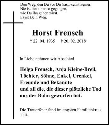 Traueranzeige von Horst Frensch von Wochen-Anzeiger Oberhausen