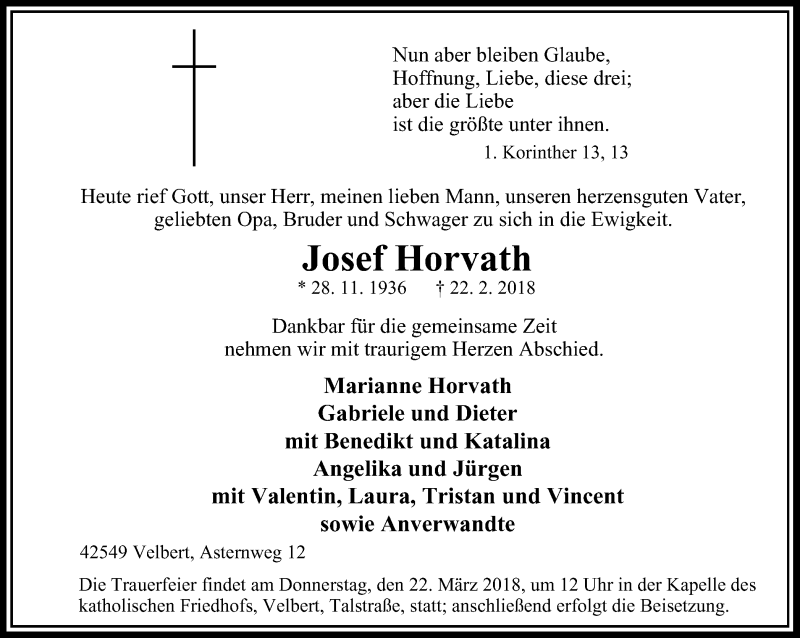  Traueranzeige für Josef Horvath vom 17.03.2018 aus Stadtanzeiger Velbert + Heiligenhaus