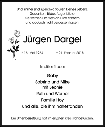 Traueranzeige von Jürgen Dargel von Stadtspiegel Bottrop