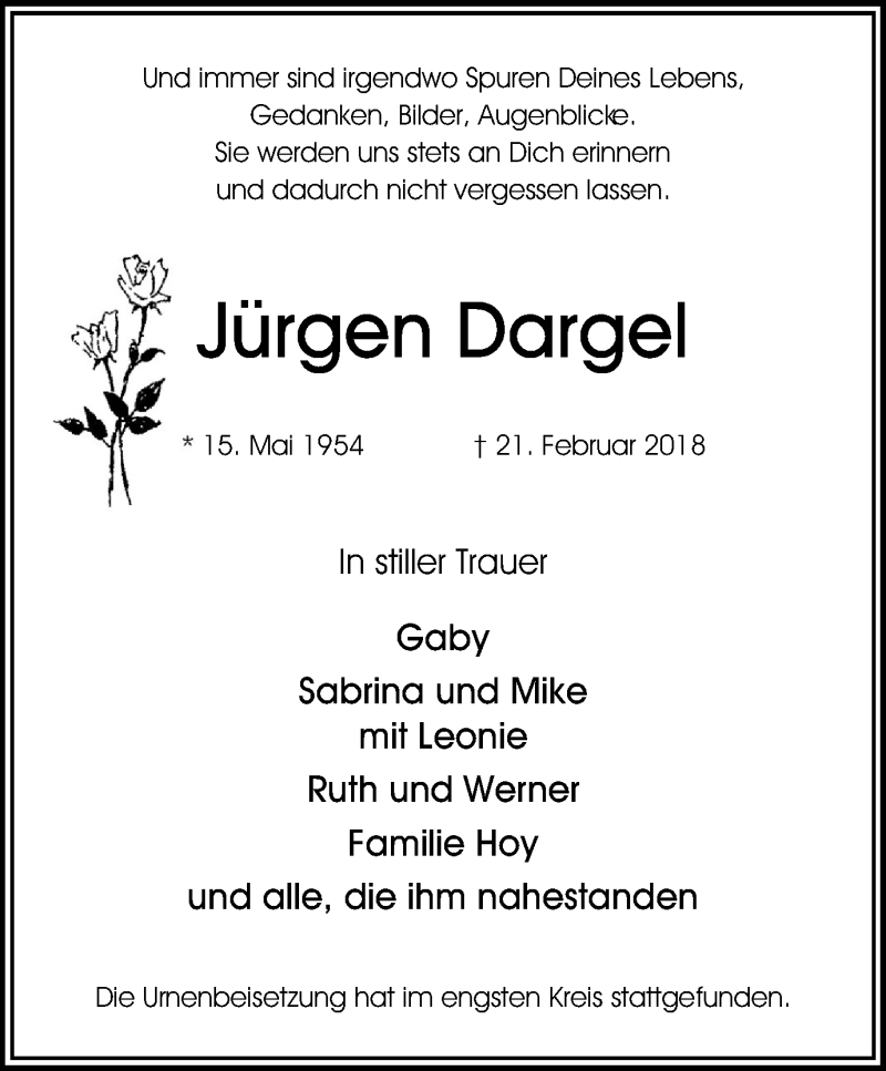  Traueranzeige für Jürgen Dargel vom 24.03.2018 aus Stadtspiegel Bottrop