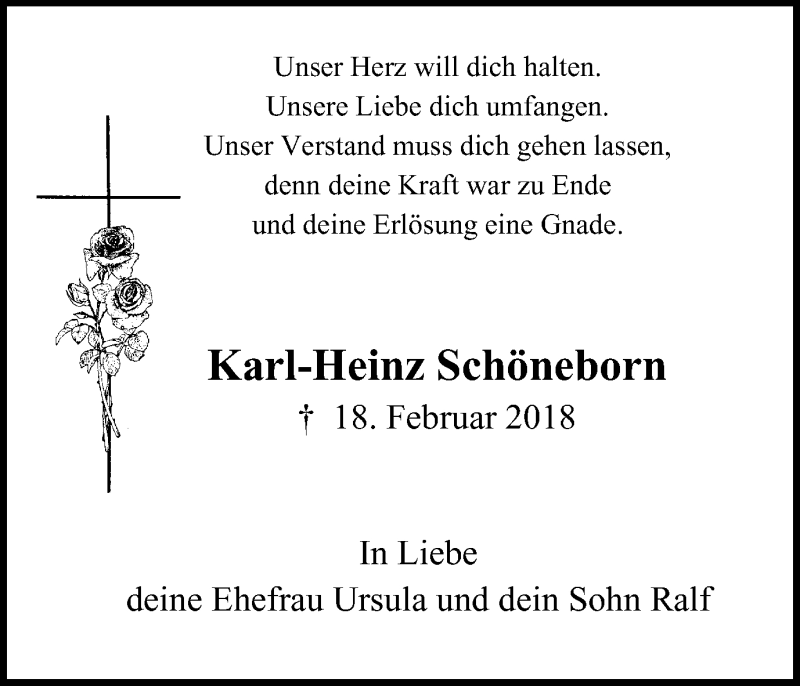  Traueranzeige für Karl-Heinz Schöneborn vom 31.03.2018 aus Wochen-Anzeiger Oberhausen