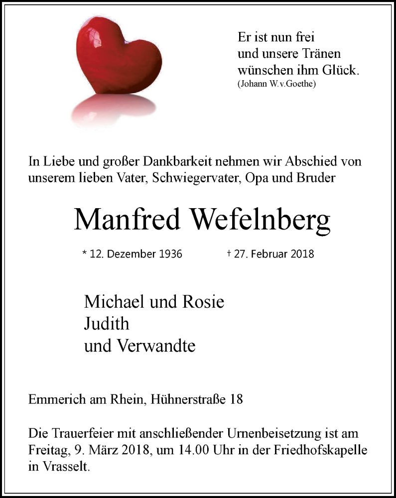  Traueranzeige für Manfred Wefelnberg vom 03.03.2018 aus Stadtanzeiger Emmerich/Rees/Isselburg