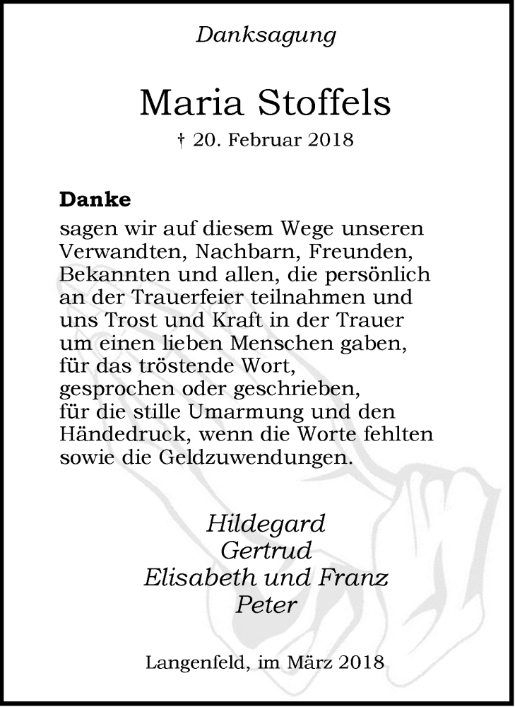  Traueranzeige für Maria Stoffels vom 17.03.2018 aus Wochen-Anzeiger Langenfeld/Monheim/Hilden