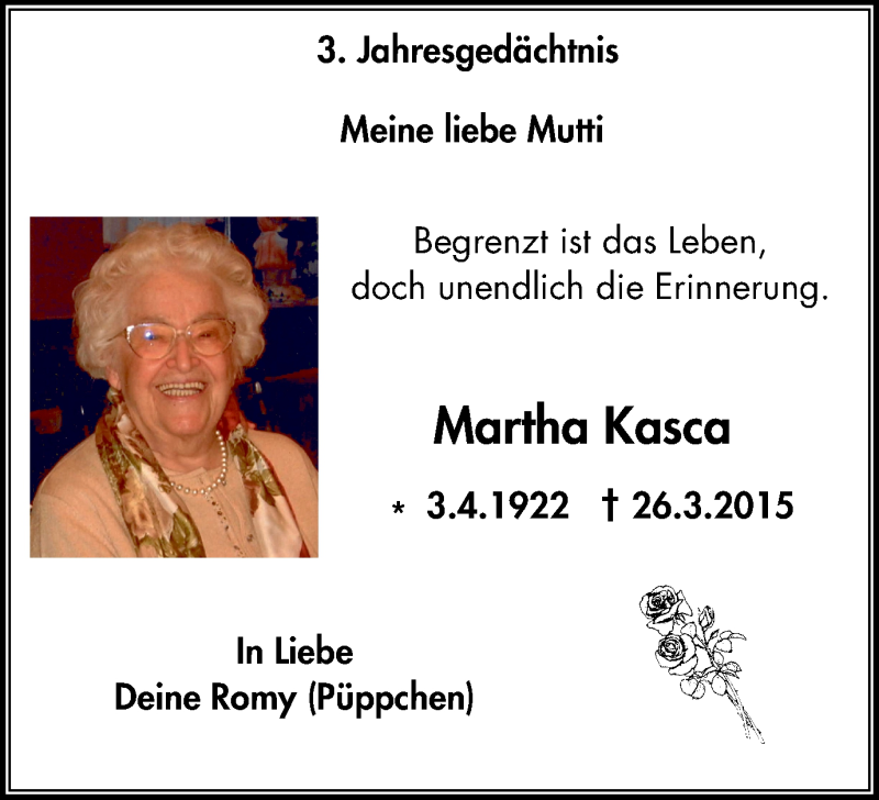  Traueranzeige für Martha Kasca vom 28.03.2018 aus Stadtspiegel Bottrop