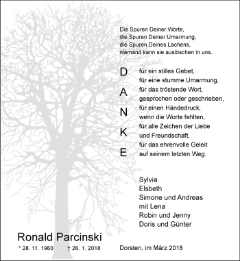 Traueranzeige von Ronald Parcinski von Stadtspiegel Haltern + Dorsten