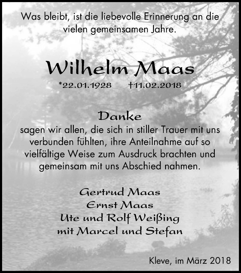  Traueranzeige für Wilhelm Maas vom 31.03.2018 aus Klever Wochenblatt