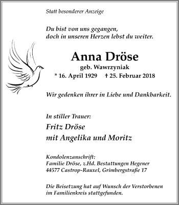 Traueranzeige von Anna Dröse von Stadtanz.Castrop-Rauxel