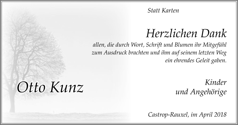  Traueranzeige für Otto Kunz vom 07.04.2018 aus Stadtanz.Castrop-Rauxel
