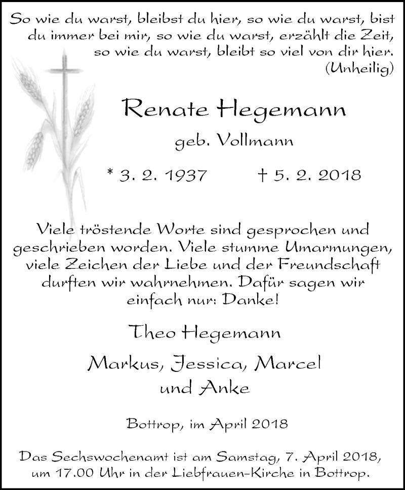  Traueranzeige für Rencate Hegemann vom 04.04.2018 aus Stadtspiegel Bottrop