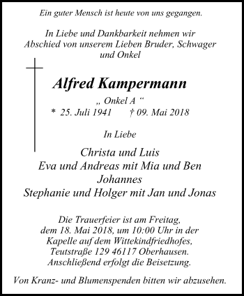 Traueranzeige von Alfred Kampermann von Wochen-Anzeiger Oberhausen