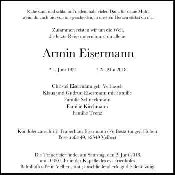Traueranzeige von Armin Eisermann von Stadtanzeiger Velbert + Heiligenhaus