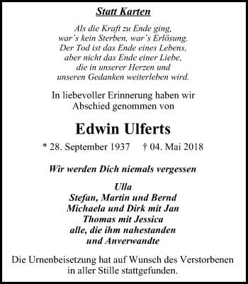 Traueranzeige von Edwin Ulferts von Stadtanzeiger Velbert + Heiligenhaus