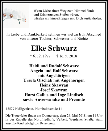Traueranzeige von Elke Schwarz von Stadtanzeiger Velbert + Heiligenhaus