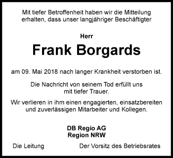 Traueranzeige von Frank Borgards von Wochen-Anzeiger Oberhausen