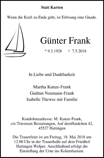 Traueranzeige von Gudrun Neumann-Frank von Stadtspiegel Hattingen/Niedersprockhövel