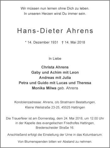 Traueranzeige von Hans-Dieter Ahrens von Stadtspiegel Hattingen/Niedersprockhövel