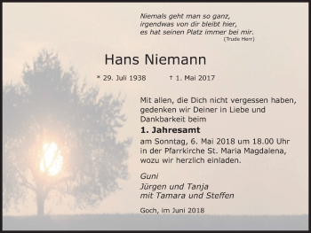 Traueranzeige von Hans Niemann von Gocher Wochenblatt
