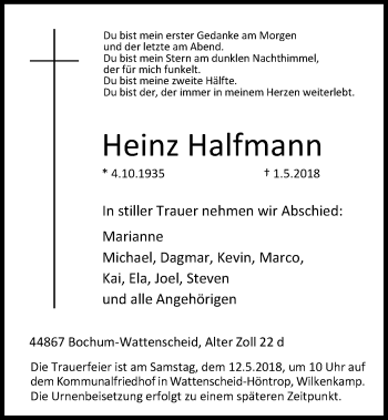 Traueranzeige von Heinz Halfmann von Stadtspiegel Wattenscheid