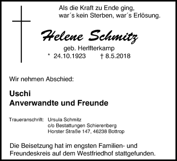 Traueranzeige von Helene Schmitz von Stadtspiegel Bottrop
