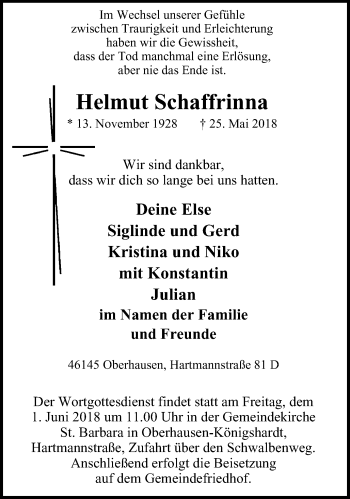Traueranzeige von Helmut Schaffrinna von Wochen-Anzeiger Oberhausen