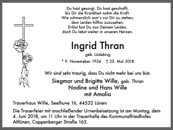 Traueranzeige von Ingrid Thran von Lüner Anzeiger