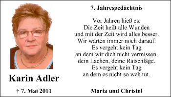 Traueranzeige von Karin Adler von Wochen-Anzeiger Oberhausen