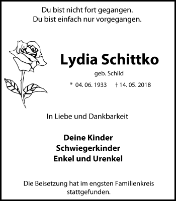 Traueranzeige von Lydia Schittko von Stadtspiegel Bottrop