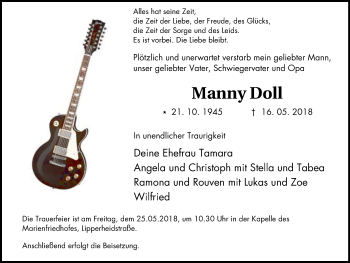 Traueranzeige von Manny Doll von Wochen-Anzeiger Oberhausen