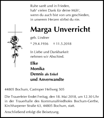 Traueranzeige von Marga Unverricht von Stadtspiegel Bochum