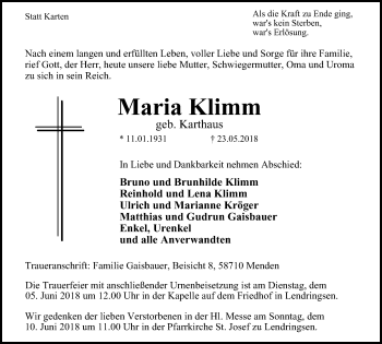 Traueranzeige von Maria Klimm von Stadtspiegel Menden + Froendenberg